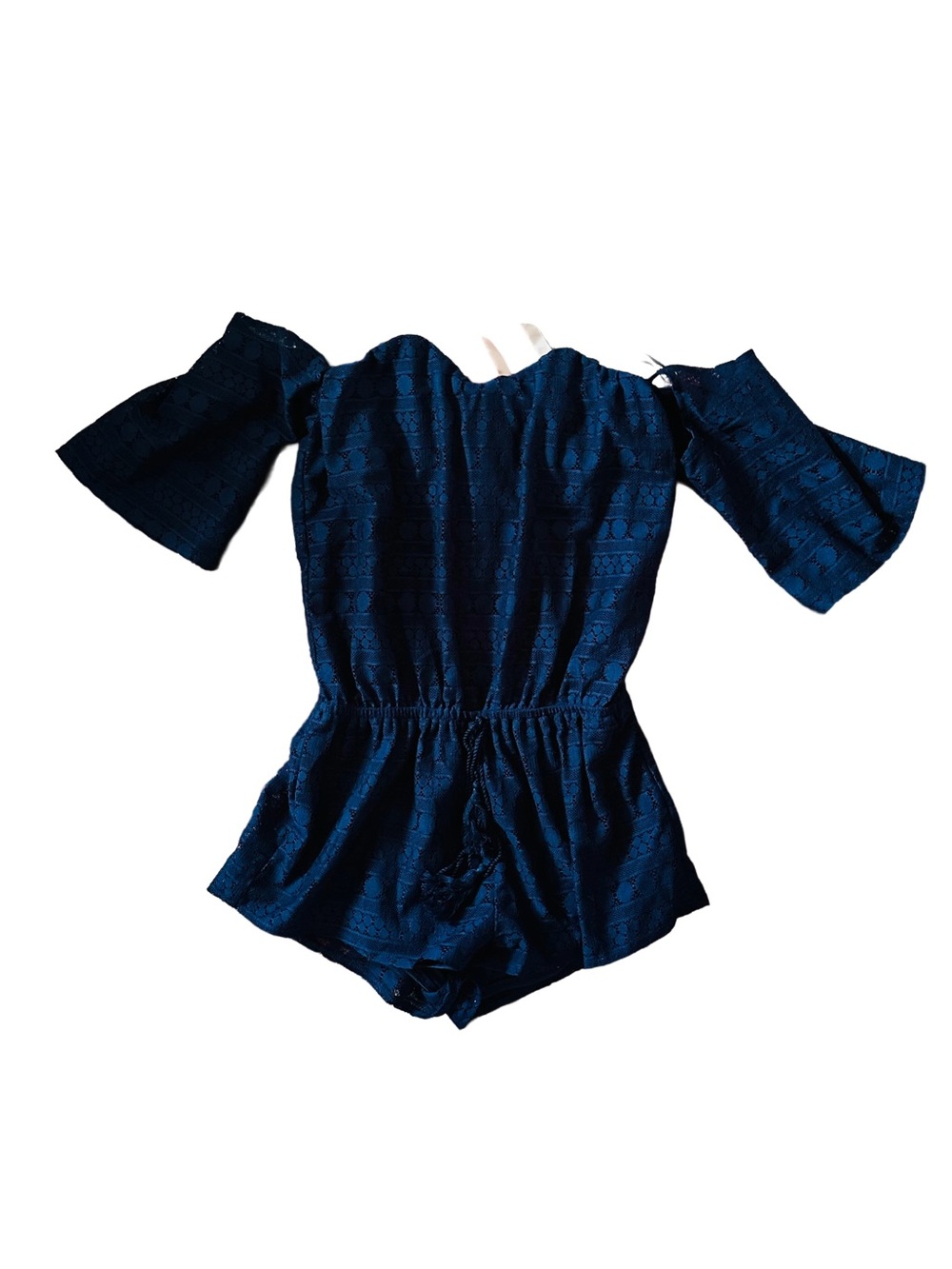 ecru Navy Blue Off-Shoulder Romper with Bell Sleeves